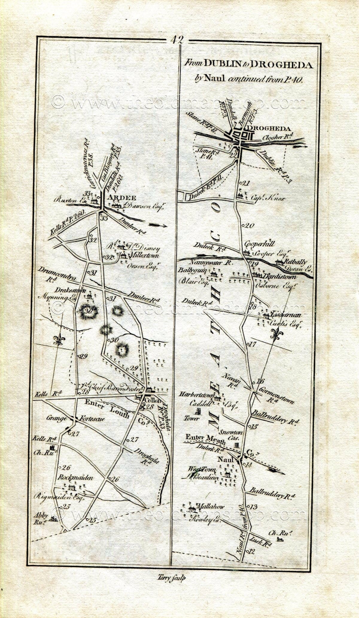 1778 Taylor & Skinner Antique Ireland Road Map 41/42 Curragha Dunleek Somerville Slane Drogheda Collon Ardee Naul County Meath