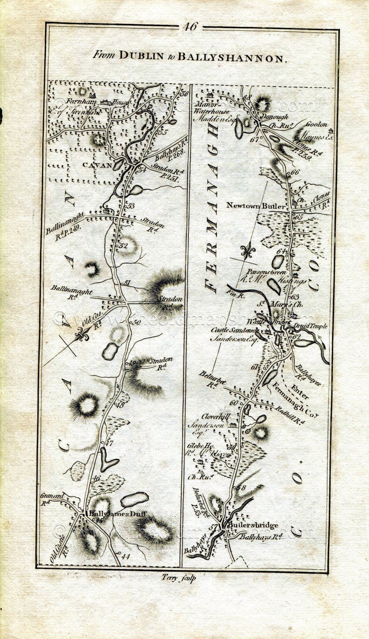 1778 Taylor & Skinner Antique Ireland Road Map 45/46 Ardsallagh Navan Kells Virginia Lough Ramor Ballyjamesduff Butlers Bridge Newtownbutler