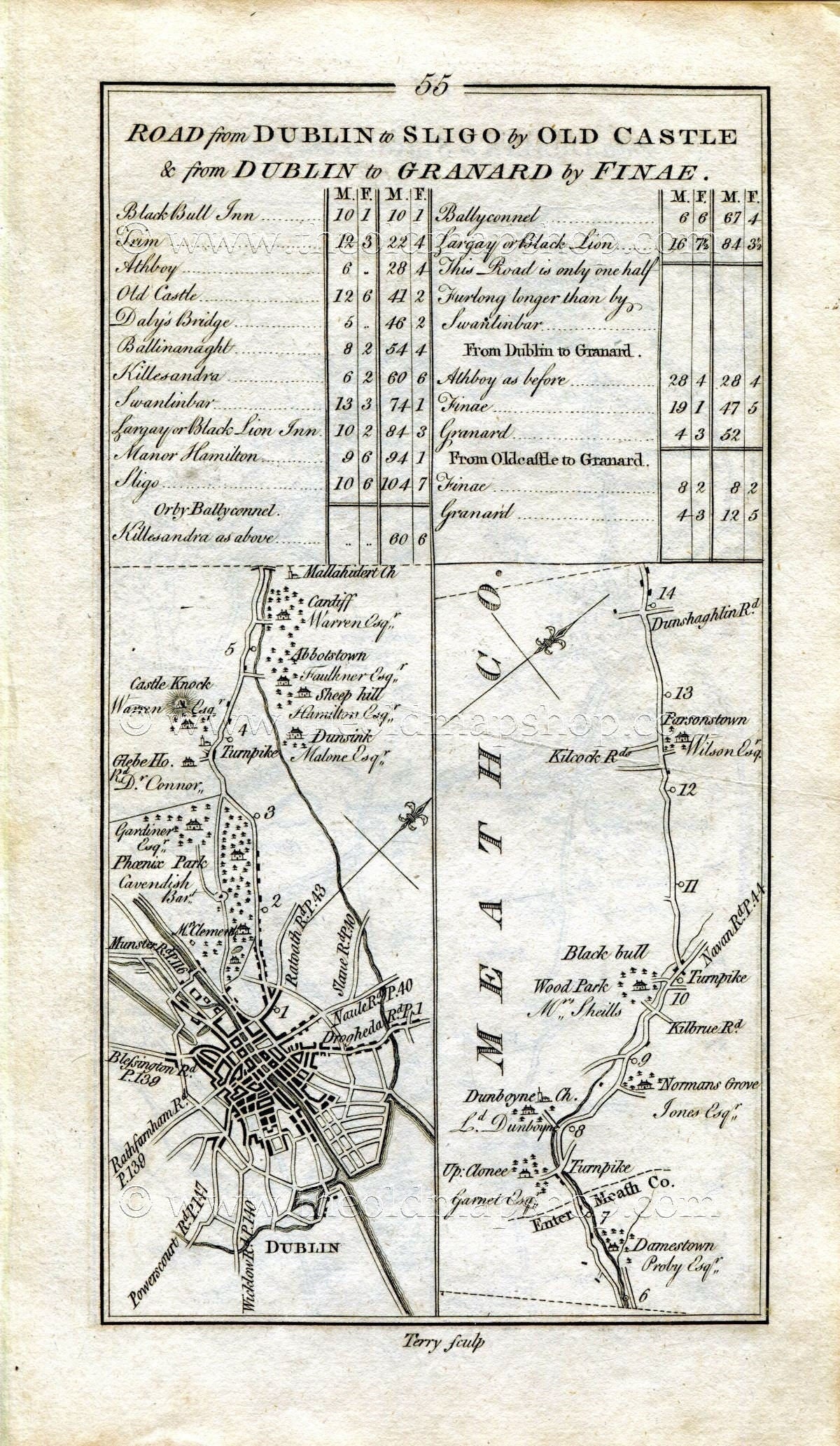 1778 Taylor & Skinner Antique Ireland Road Map 55/56 Dublin Abbotstown Damastown Dunboyne Parsonstown Trim Trimblestown Kildalkey Westmeath