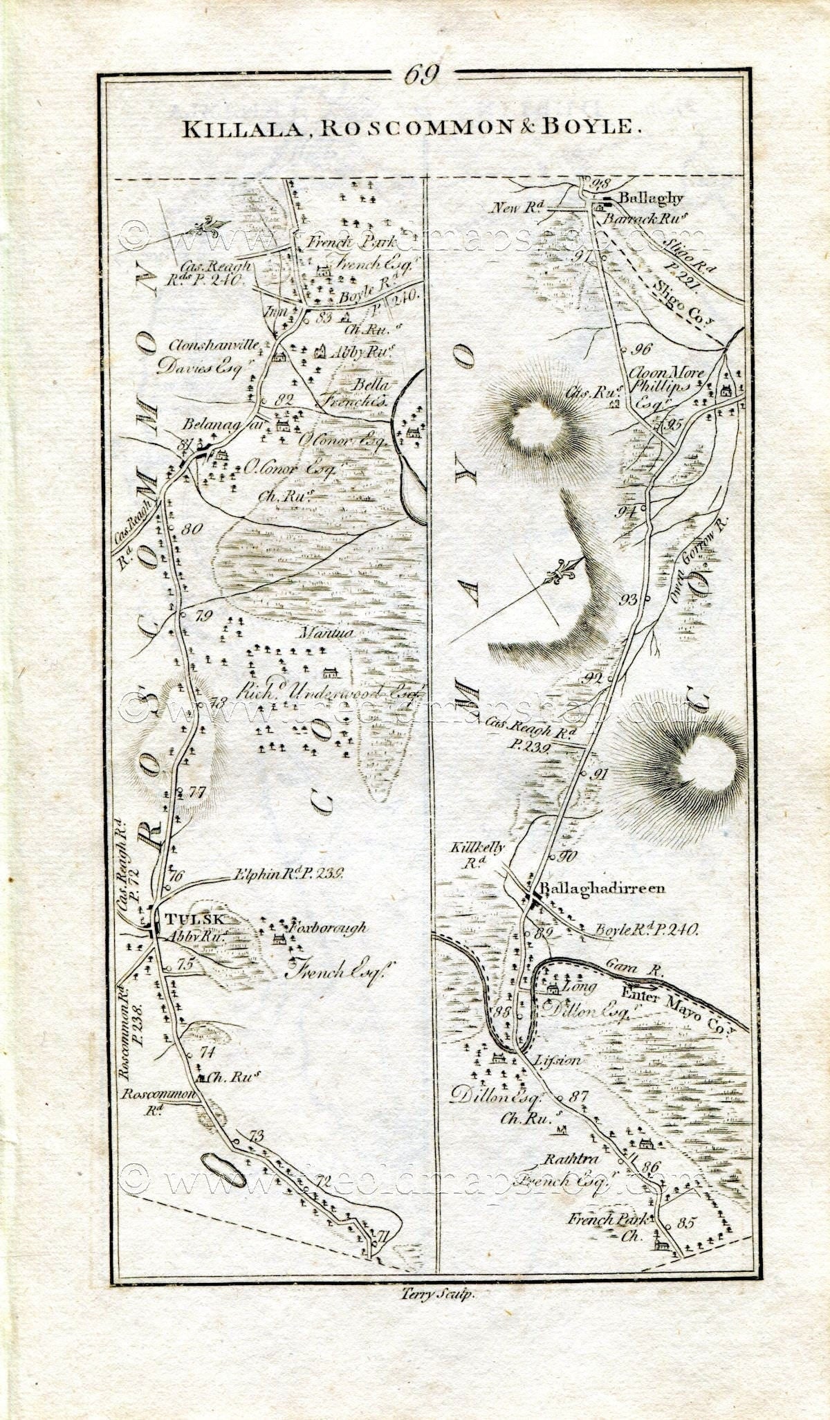1778 Taylor & Skinner Antique Ireland Road Map 69/70 Tulsk Bellanagare Frenchpark Ballaghaderreen Bellaghy Swinford Foxford Ballina Killala