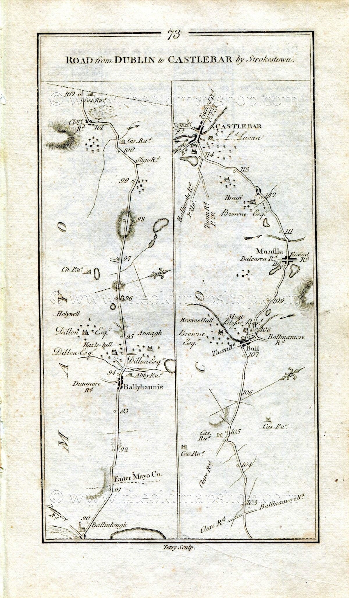 1778 Taylor & Skinner Antique Ireland Road Map 73/74 Ballyhaunis Manulla Castlebar Kinnegad Rochfortbridge Tyrrellspass Kilbeggan Horseleap