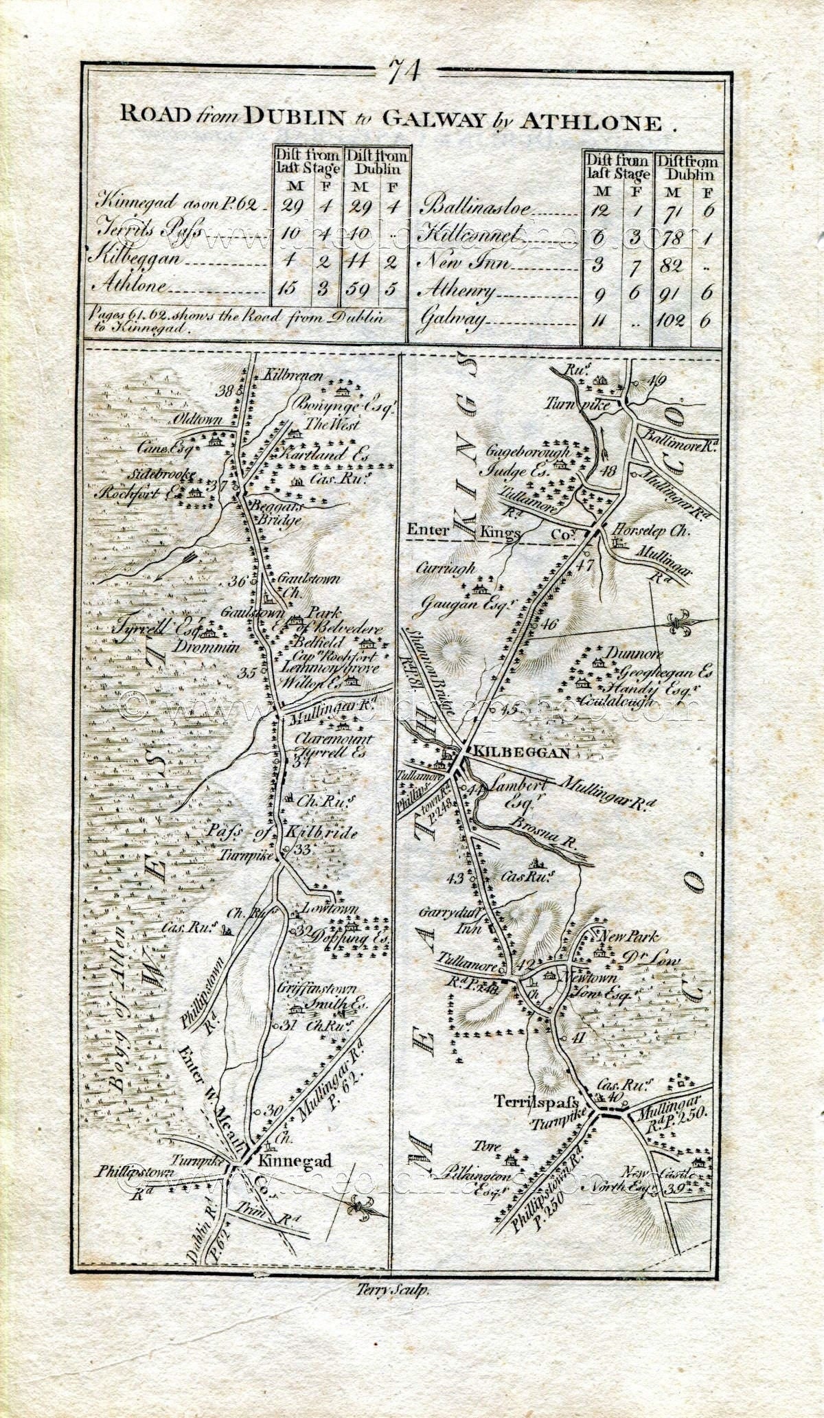 1778 Taylor & Skinner Antique Ireland Road Map 73/74 Ballyhaunis Manulla Castlebar Kinnegad Rochfortbridge Tyrrellspass Kilbeggan Horseleap
