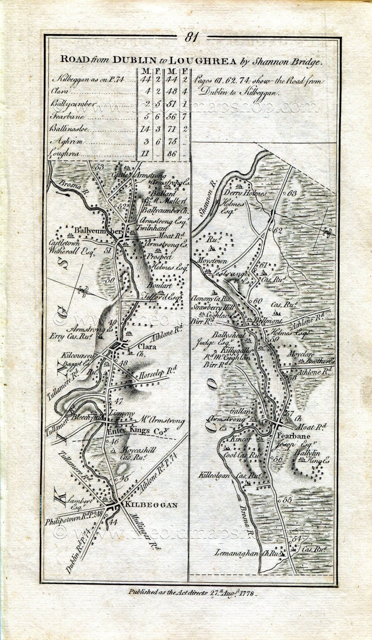 1778 Taylor & Skinner Antique Ireland Road Map 81/82 Kilbeggan Clara Ballycumber Ferbane Belmont Shannonbridge Ballinasloe Aughrim Loughrea