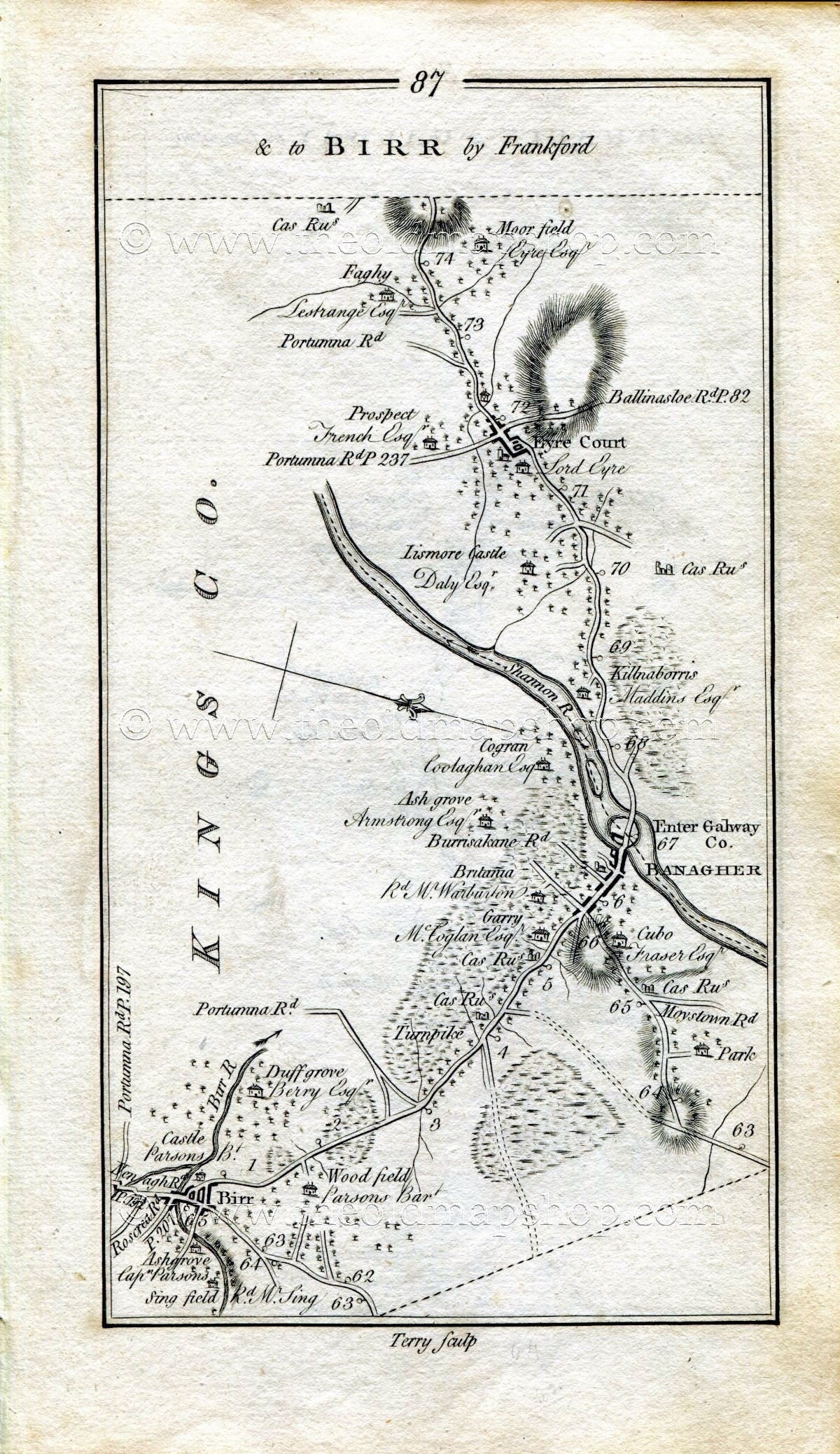 1778 Taylor & Skinner Antique Ireland Road Map 87/88 Birr Banagher Kilnaborris Eyrecourt Killmor Hearnsbrook Ramore, County Galway, Offaly