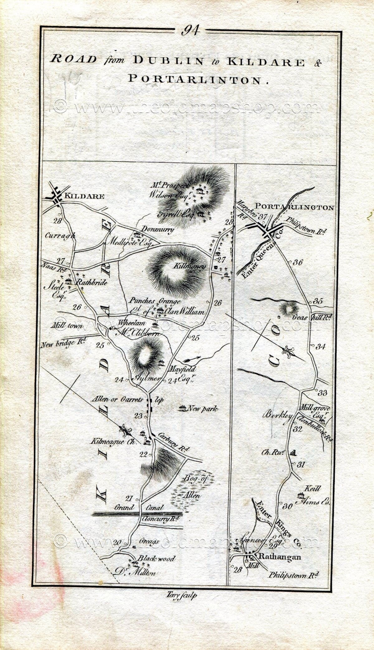 1778 Taylor & Skinner Antique Ireland Road Map 93/94 Dublin Lucan Celbridge Straffan Clane Downings Kilmeage Kildare Rathangan Portarlington