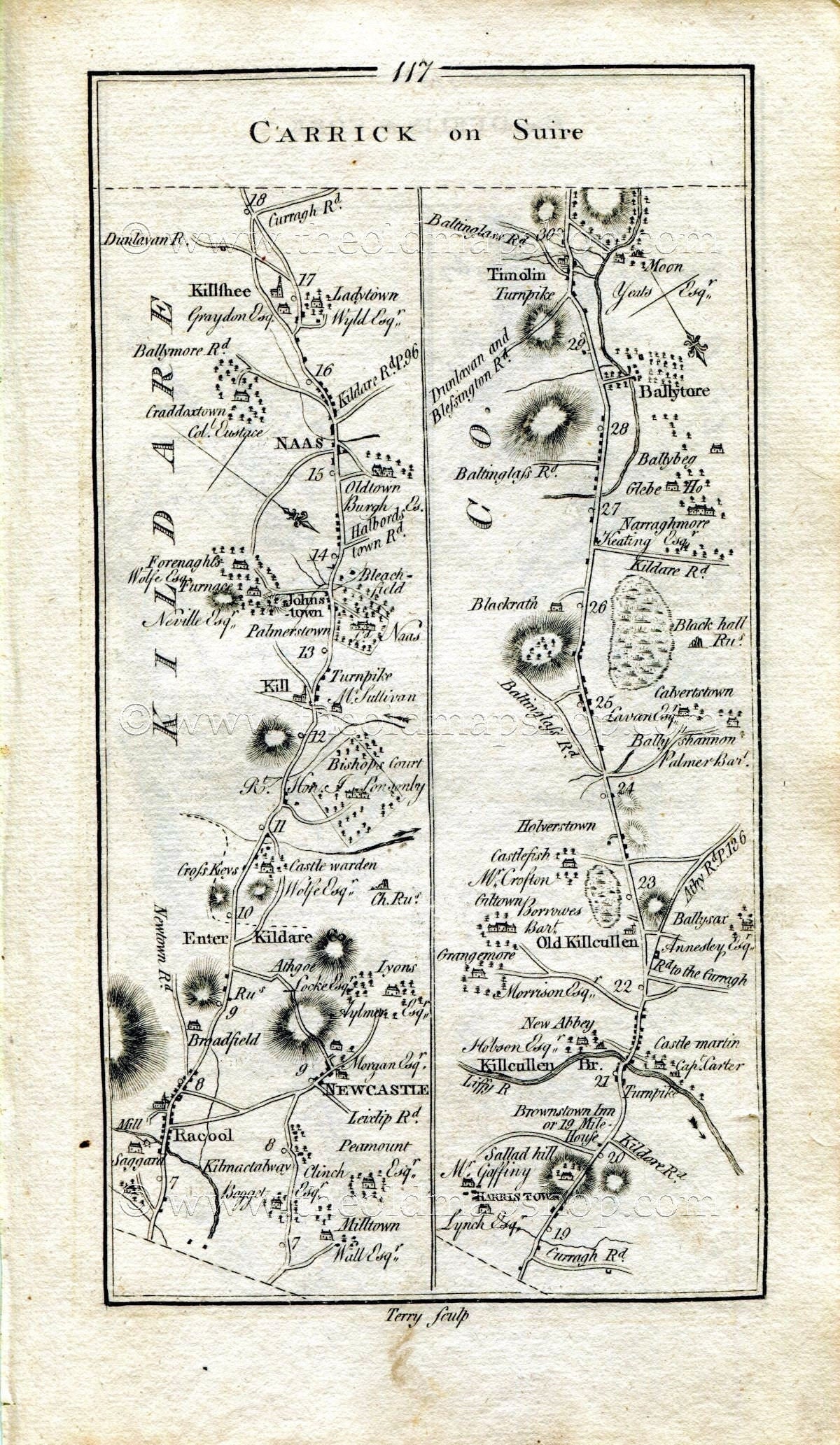 1778 Taylor & Skinner Antique Ireland Road Map 117/118 Rathcoole Newcastle Kill Johnstown Naas Killashee Kilcullen Moone Castledermot Carlow