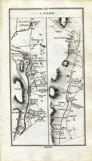 1778 Taylor & Skinner Antique Ireland Road Map 121/122 Clonmel Ballyboy Clogheen Ballyporeen Fermoy Rathcormac Glanmire Cork Tipperary