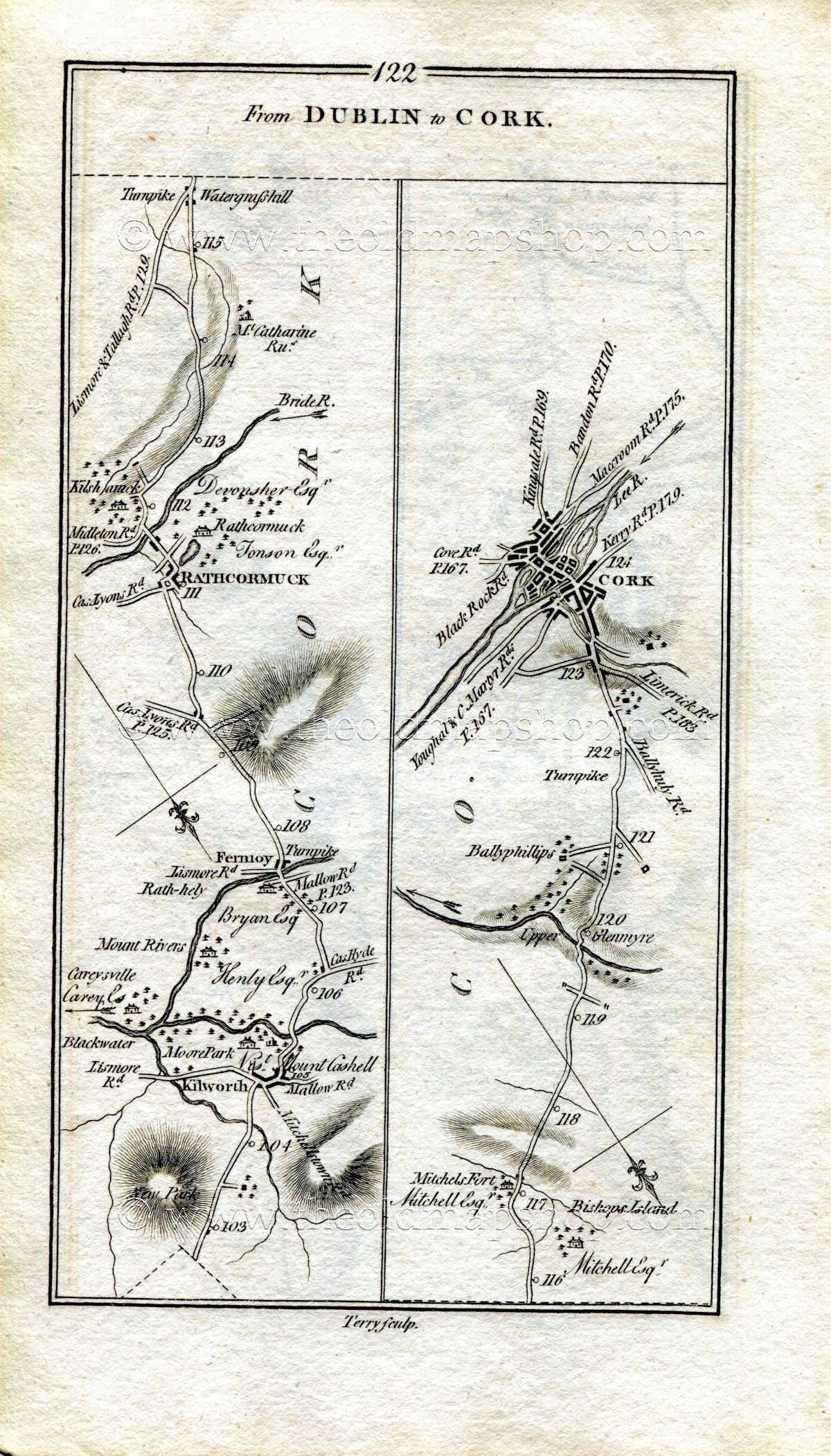 1778 Taylor & Skinner Antique Ireland Road Map 121/122 Clonmel Ballyboy Clogheen Ballyporeen Fermoy Rathcormac Glanmire Cork Tipperary
