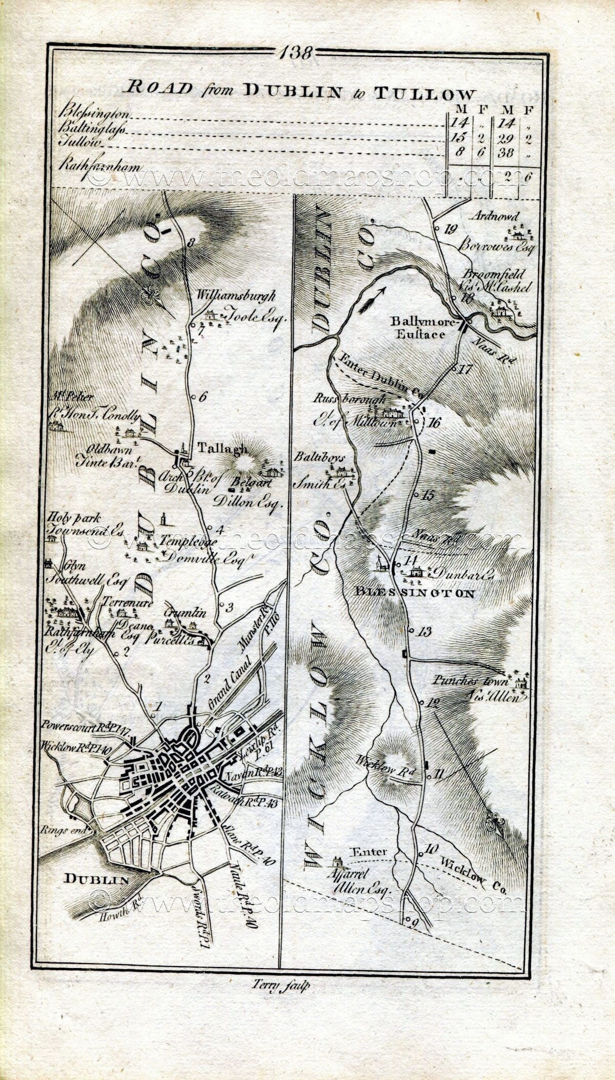 1778 Taylor & Skinner Antique Ireland Road Map 137/138 Ballyragget Castlecorner Dublin Terenure Blessington Russborough Wicklow Kilkenny