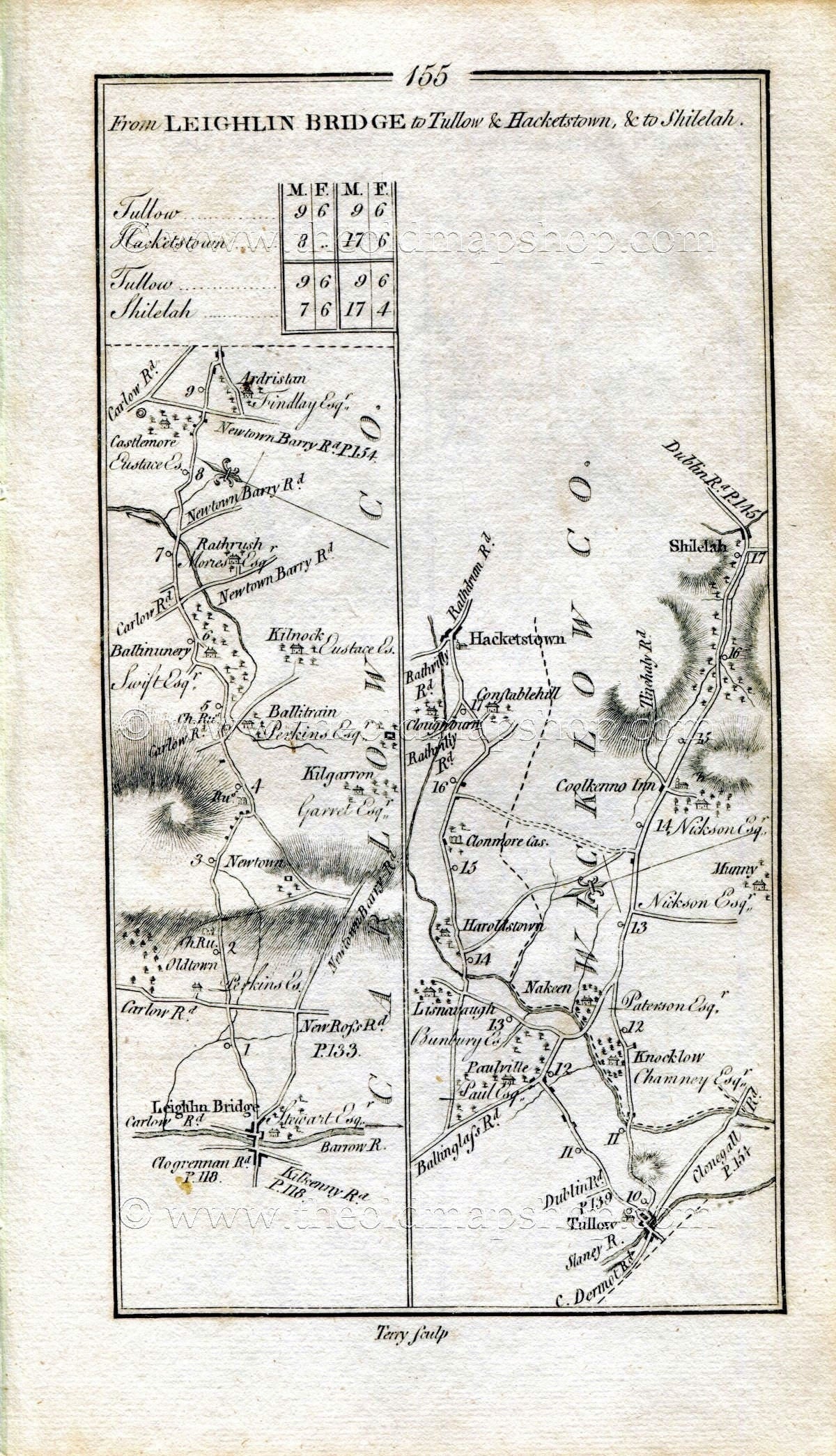 1778 Taylor & Skinner Antique Ireland Road Map 155/156 Ardristan Kilnock Tullow Kildare Athy Bestfield Carlow Wicklow Kildare Laois Offaly