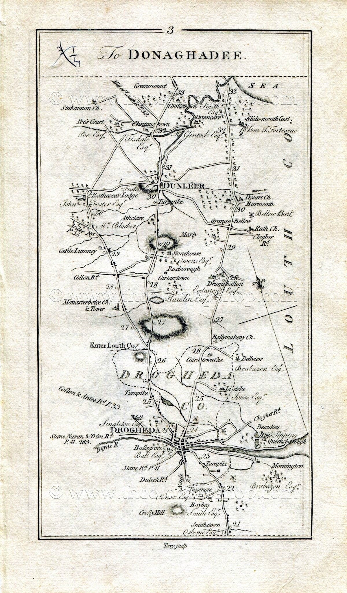 1778 Taylor & Skinner Antique Ireland Road Map 3/4 Drogheda, Dunleer Stabannan Dromiskin Dundalk Jonesborough Newry County Louth Armagh Down
