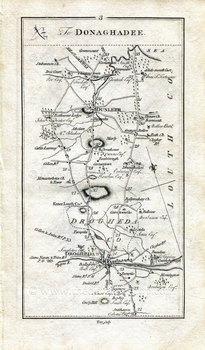 1778 Taylor & Skinner Antique Ireland Road Map 3/4 Drogheda, Dunleer Stabannan Dromiskin Dundalk Jonesborough Newry County Louth Armagh Down