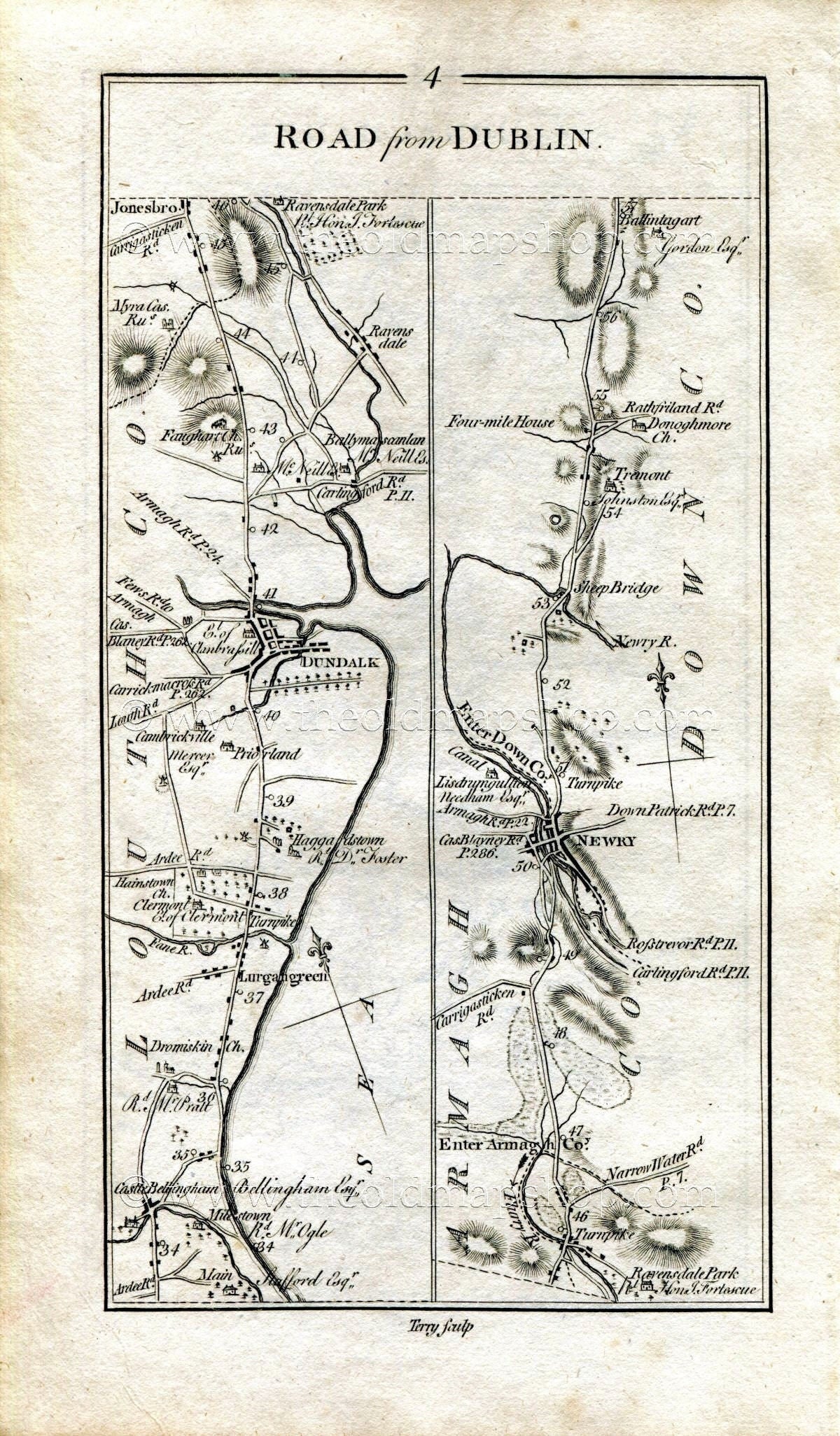 1778 Taylor & Skinner Antique Ireland Road Map 3/4 Drogheda, Dunleer Stabannan Dromiskin Dundalk Jonesborough Newry County Louth Armagh Down