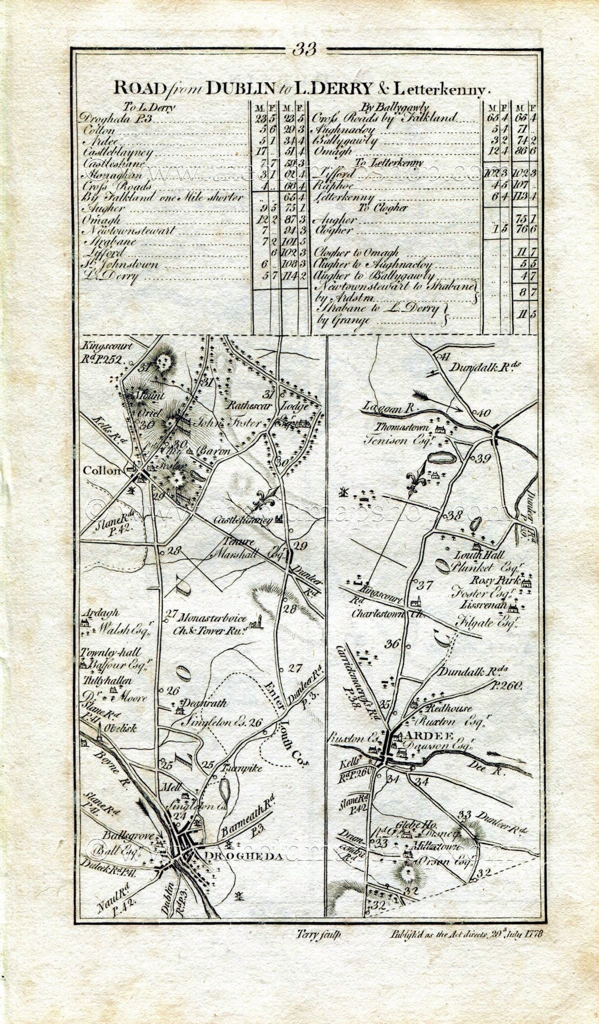 1778 Taylor & Skinner Antique Ireland Road Map 33/34 Drogheda Tullyallen Collon Ardee Tallanstown Rahans Donaghmoyne Castleblayney Monoghan
