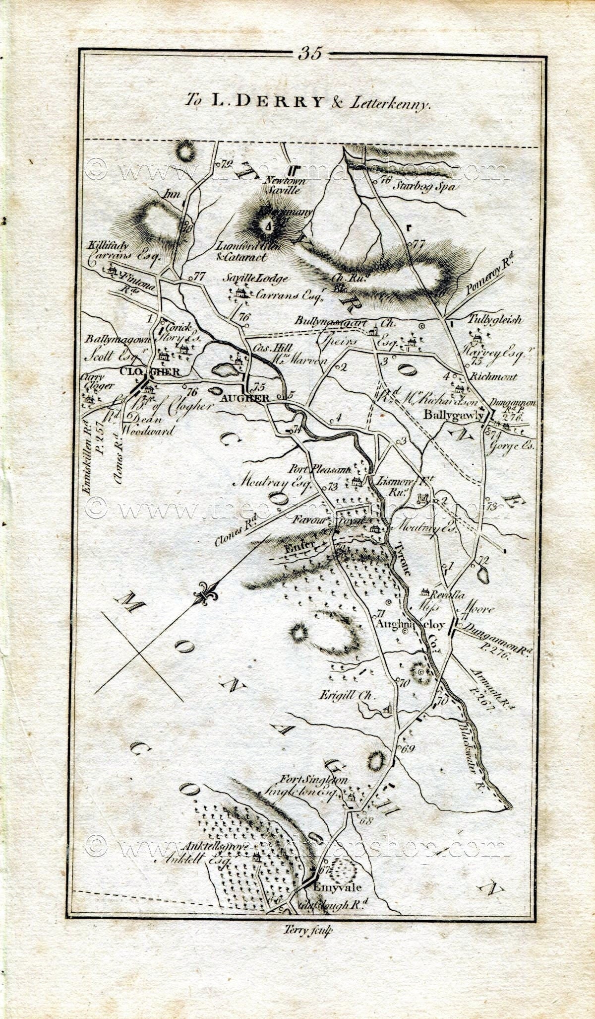 1778 Taylor & Skinner Antique Ireland Road Map 35/36 Emyvale Aughnacloy Clogher Ballygawley Omagh Newtownstewart Ardstraw Strabane Lifford