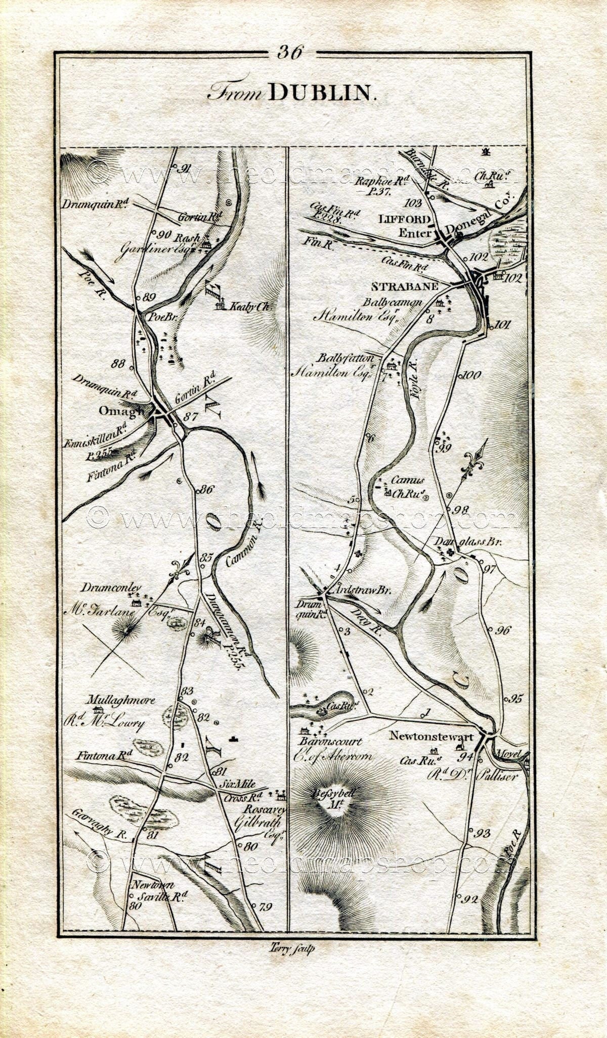 1778 Taylor & Skinner Antique Ireland Road Map 35/36 Emyvale Aughnacloy Clogher Ballygawley Omagh Newtownstewart Ardstraw Strabane Lifford