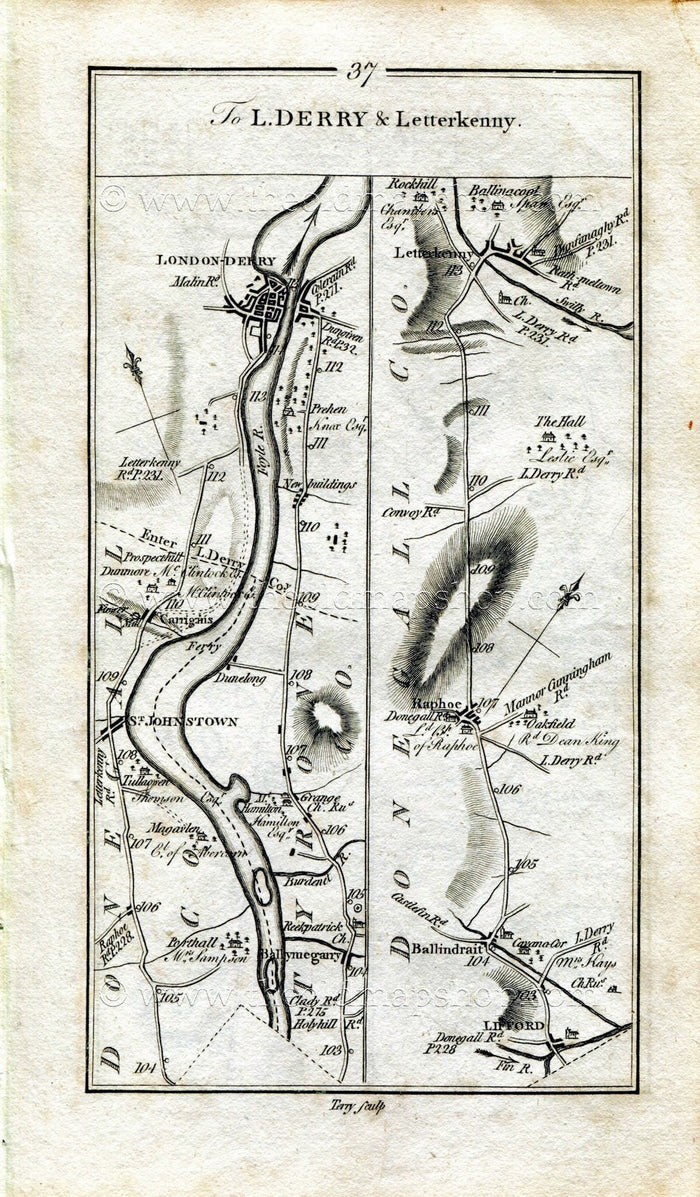 1778 Taylor & Skinner Antique Ireland Road Map 37/38 Ballymagorry St Johnston Carrigans Londonderry Lifford Ballindrait Raphoe Letterkenny