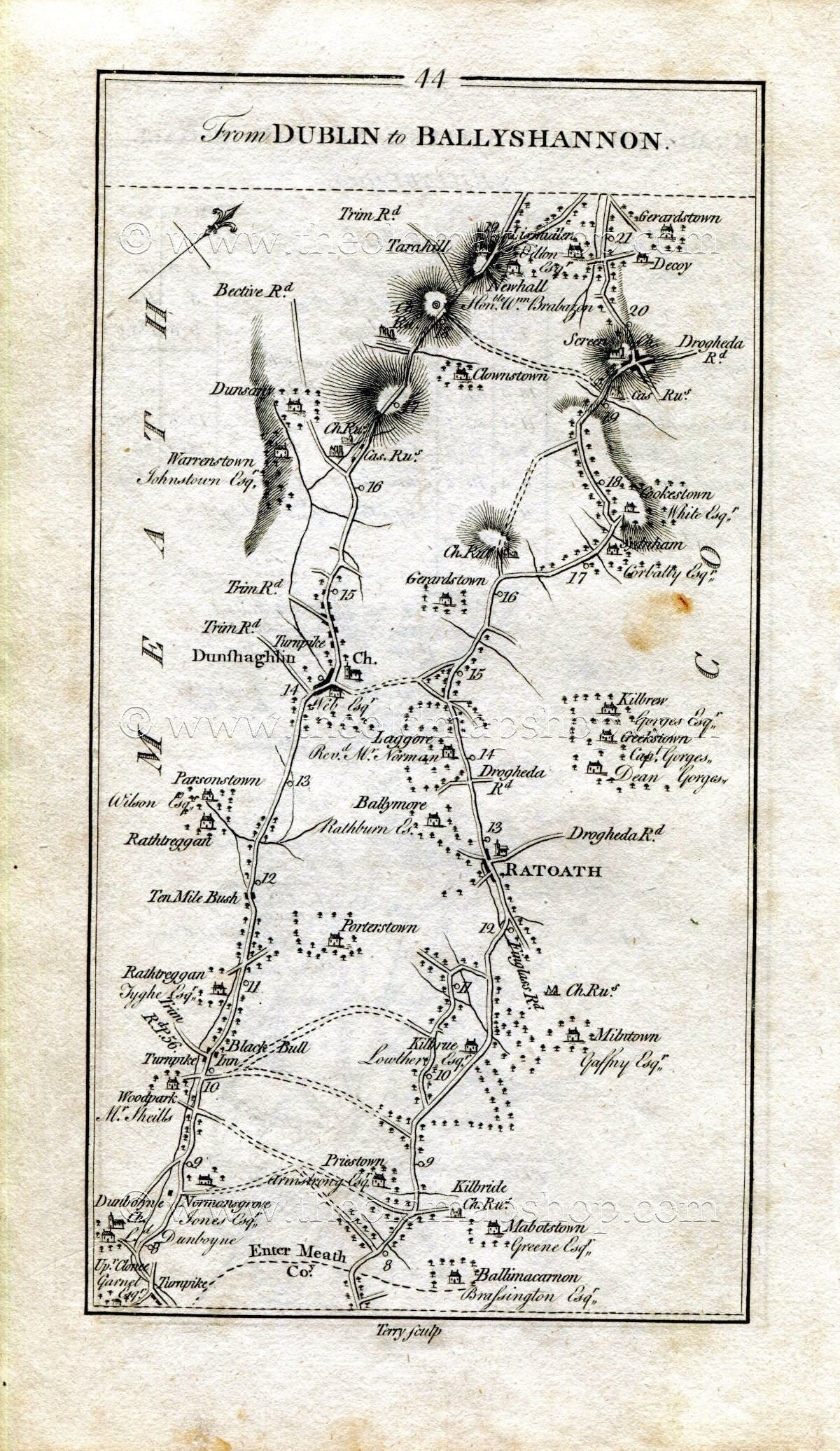 1778 Taylor & Skinner Antique Ireland Road Map 43/44 Dublin Mulhuddart Dunboyne Dunshaughlin Ratoath Dunsany Hill of Tara County Meath