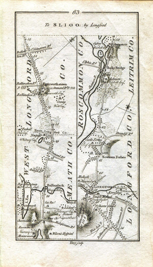 1778 Taylor & Skinner Antique Ireland Road Map 63/64 Ballinalack Edgeworthstown Longford Aghnamona Jamestown Carrick-On-Shannon Ballinafad