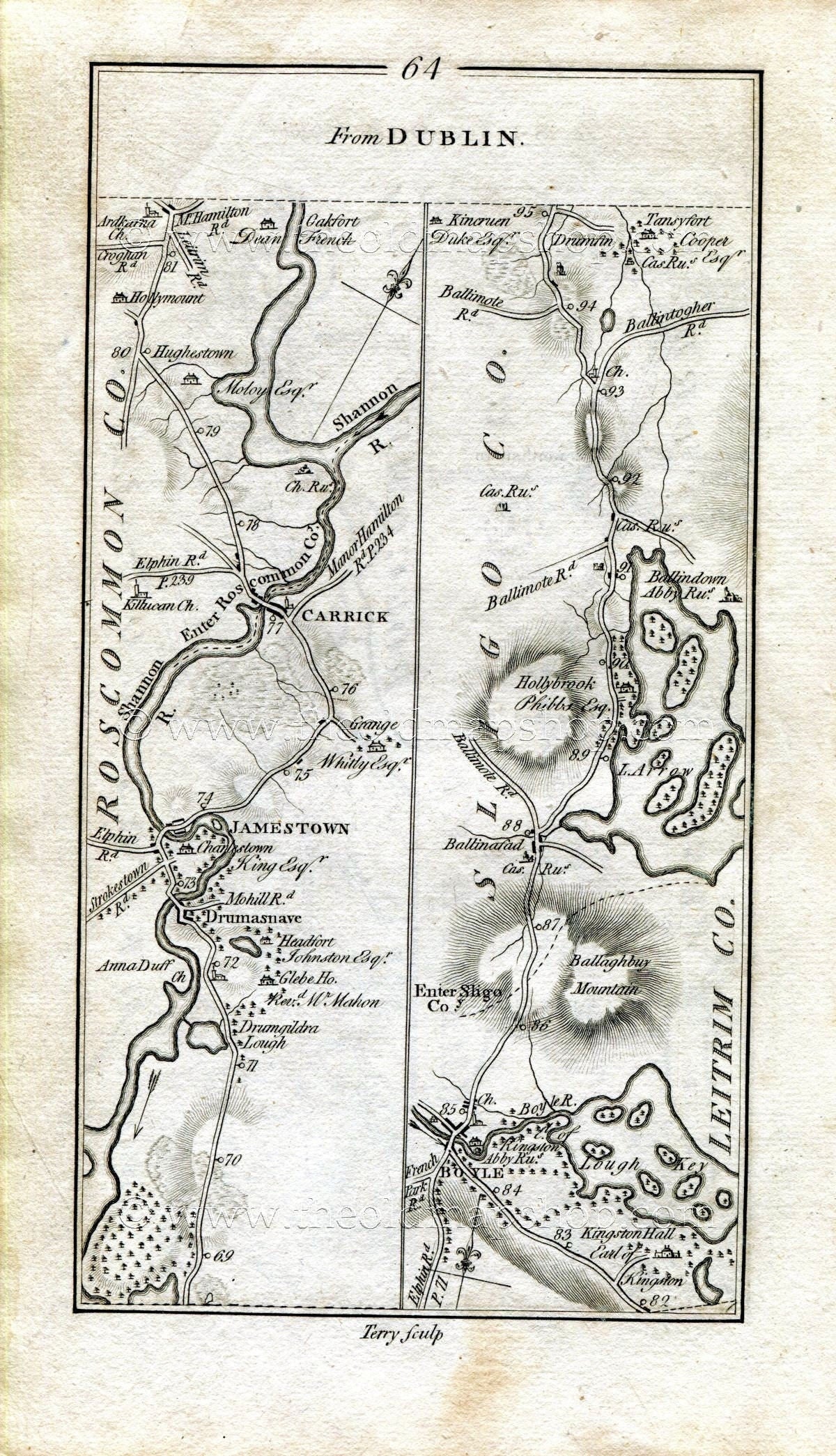 1778 Taylor & Skinner Antique Ireland Road Map 63/64 Ballinalack Edgeworthstown Longford Aghnamona Jamestown Carrick-On-Shannon Ballinafad