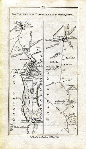 1778 Taylor & Skinner Antique Ireland Road Map 81/82 Kilbeggan Clara Ballycumber Ferbane Belmont Shannonbridge Ballinasloe Aughrim Loughrea