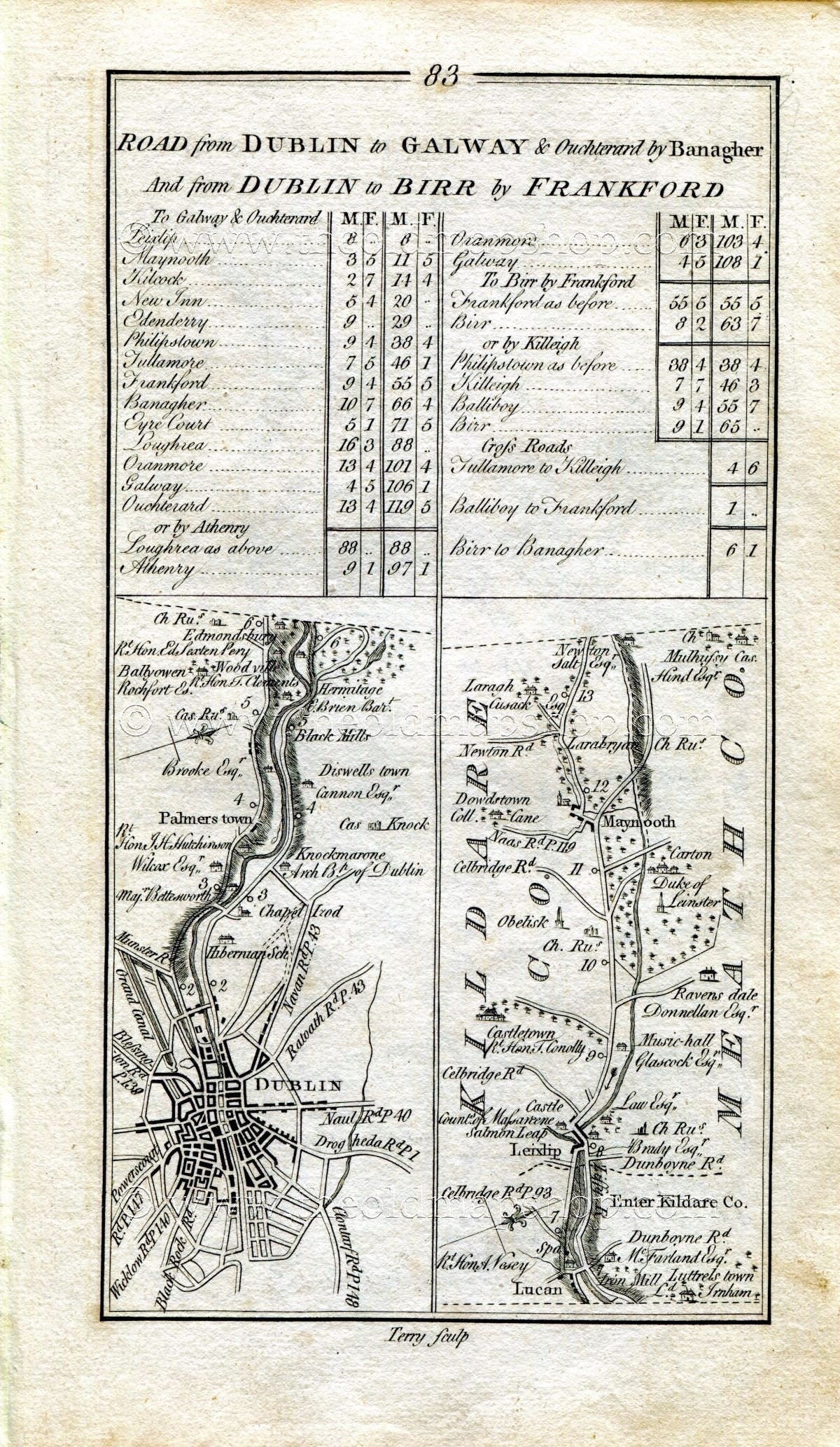 1778 Taylor & Skinner Antique Ireland Road Map 83/84 Dublin Palmerstown Lucan Maynooth Kilcock Cloncurry Johnstown Bridge Carbury Edenderry
