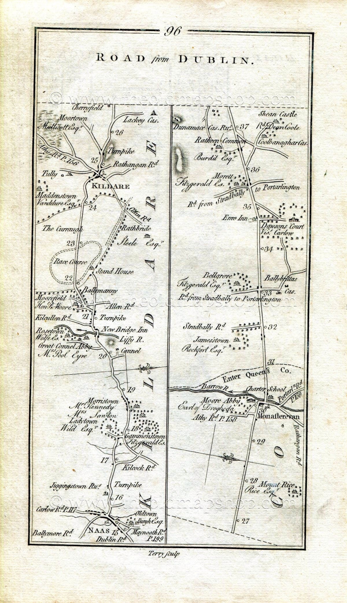 1778 Taylor & Skinner Antique Ireland Road Map 95/96 Dublin Rathcoole Broadfield Manor Kill Johnstown Naas Newbridge Kildare Monasterevin