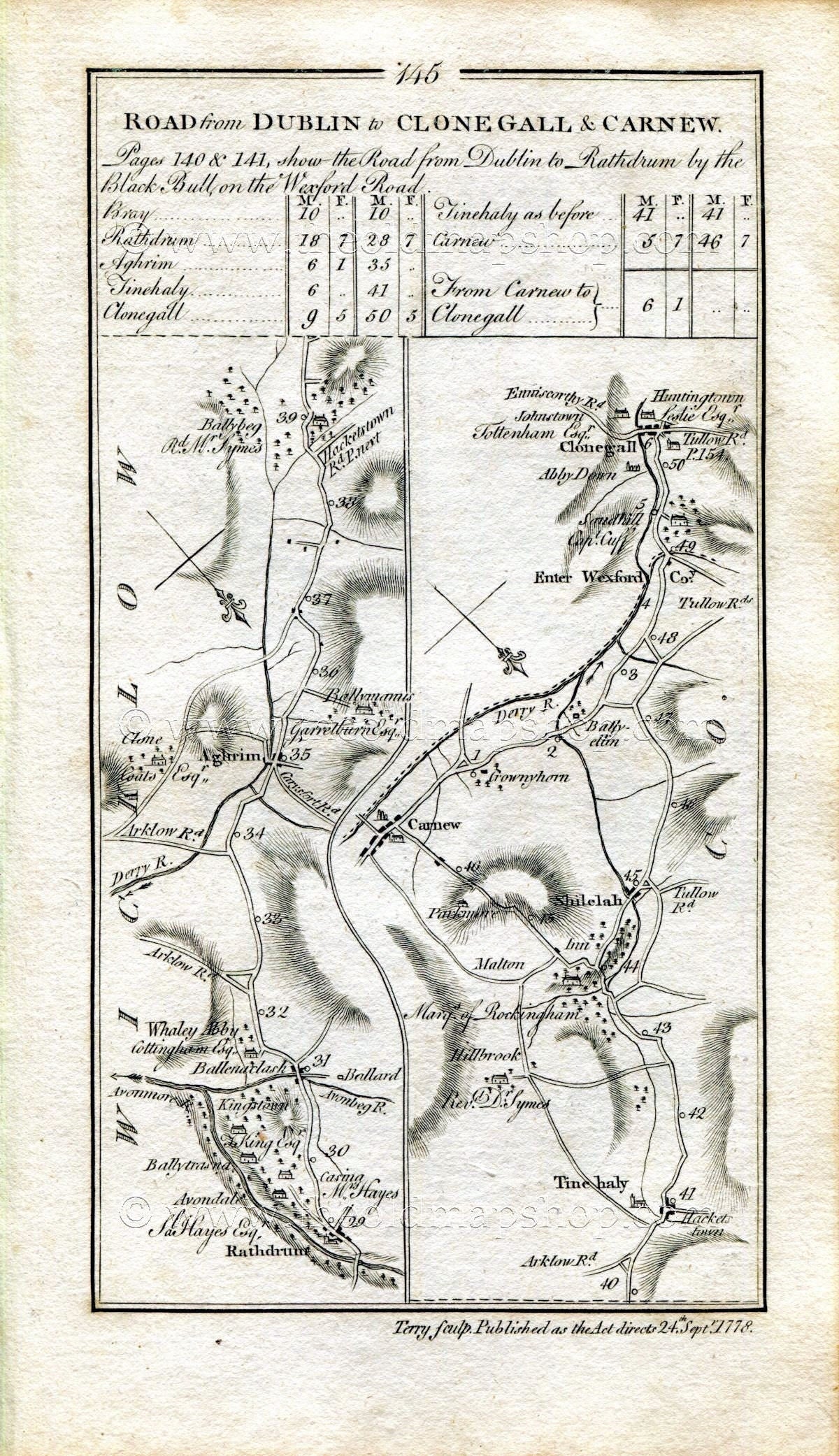 1778 Taylor & Skinner Antique Ireland Road Map 145/146 Rathdrum Aughrim Ballybeg Tinahely Shillelagh Ballybeg Carnew Gorey Wicklow Wexford