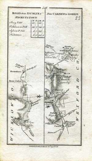 1778 Taylor & Skinner Antique Ireland Road Map 145/146 Rathdrum Aughrim Ballybeg Tinahely Shillelagh Ballybeg Carnew Gorey Wicklow Wexford