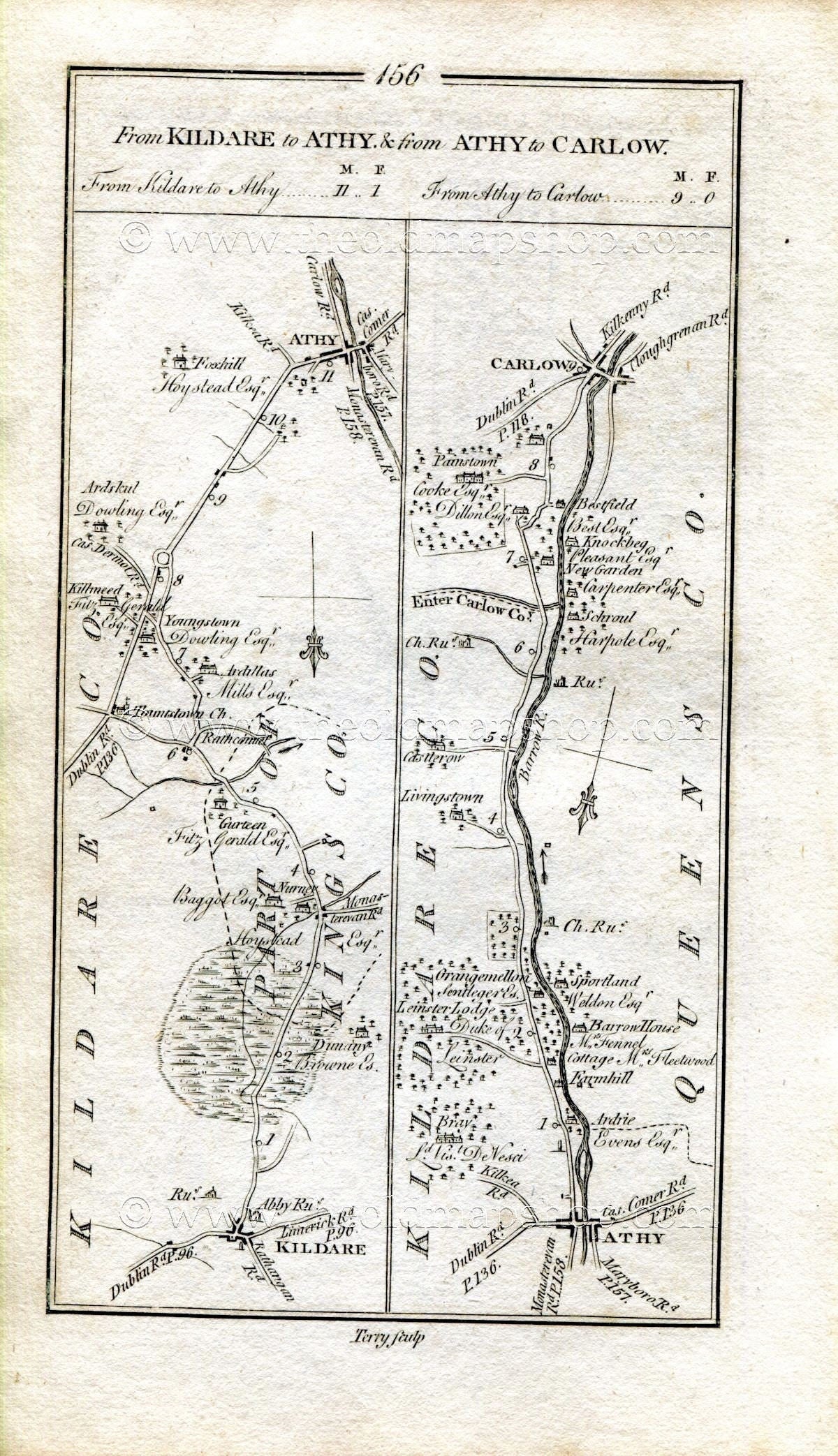 1778 Taylor & Skinner Antique Ireland Road Map 155/156 Ardristan Kilnock Tullow Kildare Athy Bestfield Carlow Wicklow Kildare Laois Offaly