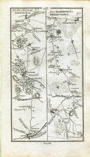 1778 Taylor & Skinner Antique Ireland Road Map 157/158 Athy, Stradbally Portlaoise Daingean Killeigh Tullamore Cloney Offaly Laois Kildare
