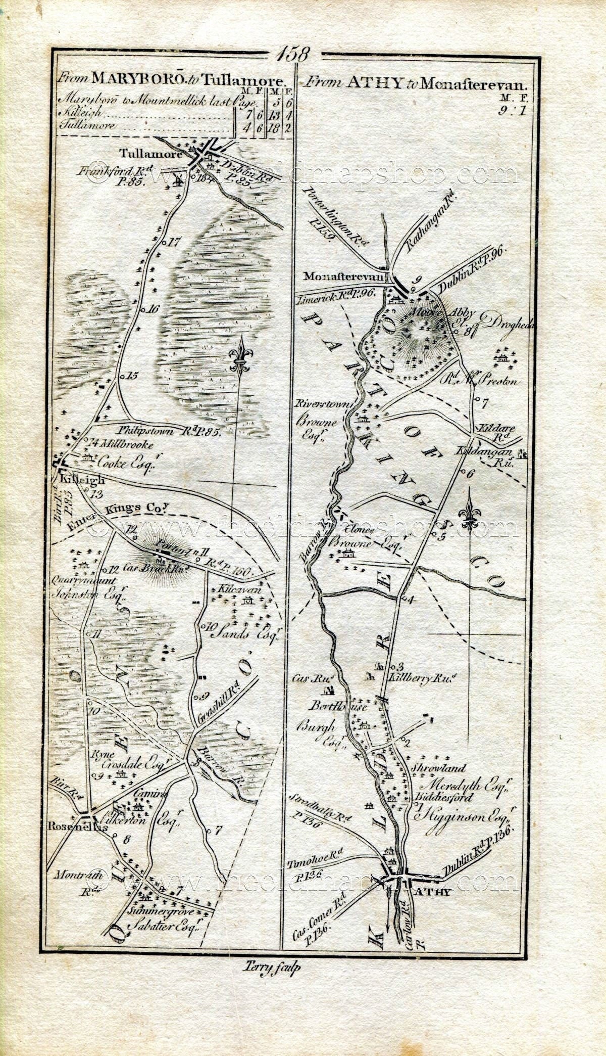1778 Taylor & Skinner Antique Ireland Road Map 157/158 Athy, Stradbally Portlaoise Daingean Killeigh Tullamore Cloney Offaly Laois Kildare
