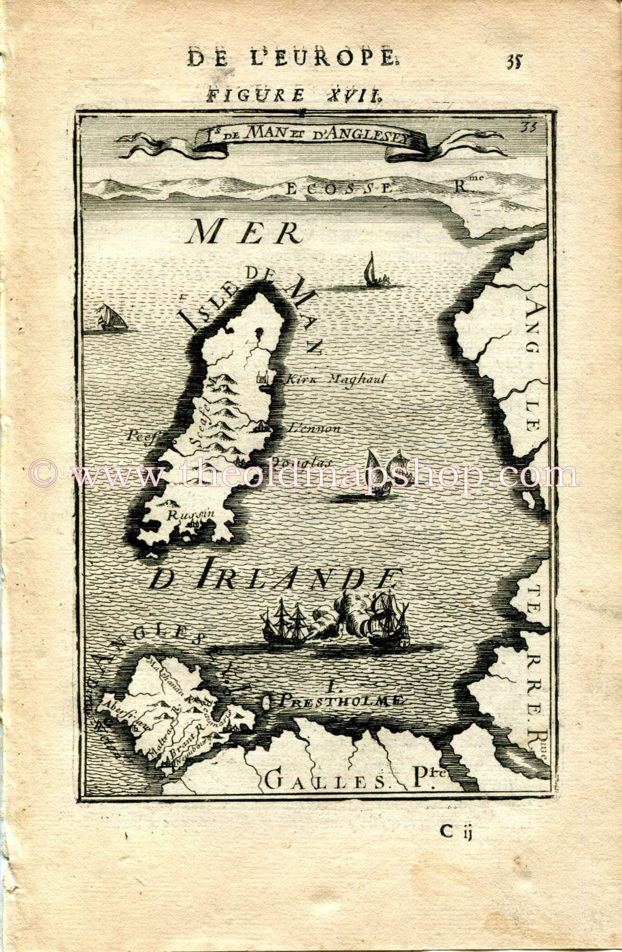 1683 Manesson Mallet "Is de Man et d'Anglesey"  Isle of Man & Anglesey, Irish Sea, Antique Map Print Engraving