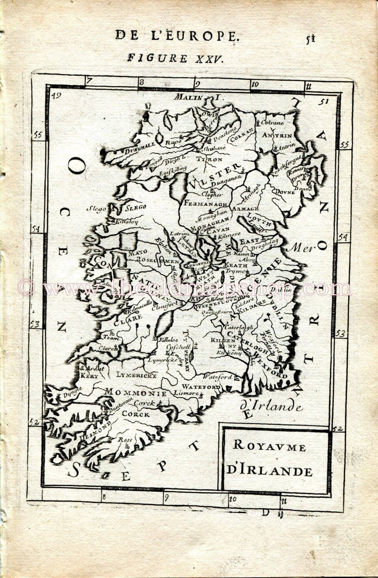 1683 Manesson Mallet "Royaume d'Irlande" Ireland Antique Map Print Engraving
