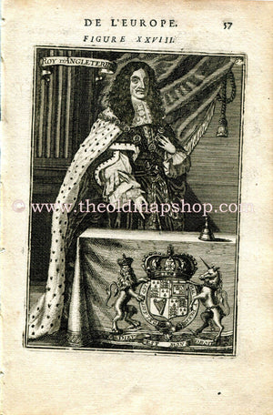1683 Manesson Mallet "Roy D'Angleterre" King Charles II of England, Antique Print, Engraving
