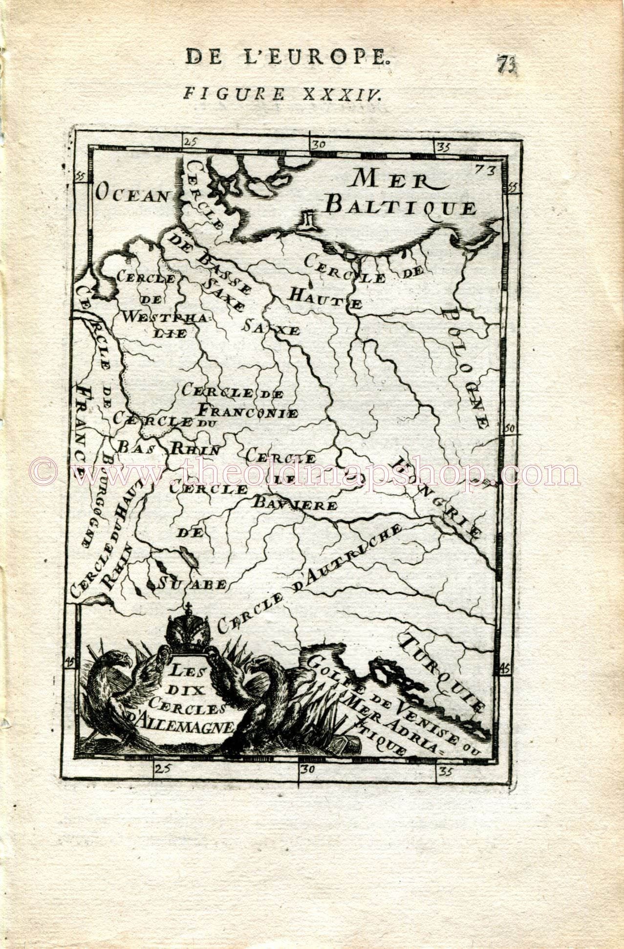 1683 Manesson Mallet "Les dix cercles d'Allemagne" Germany, Switzerland, Austria, Poland, Hungary, Antique Map Print Engraving