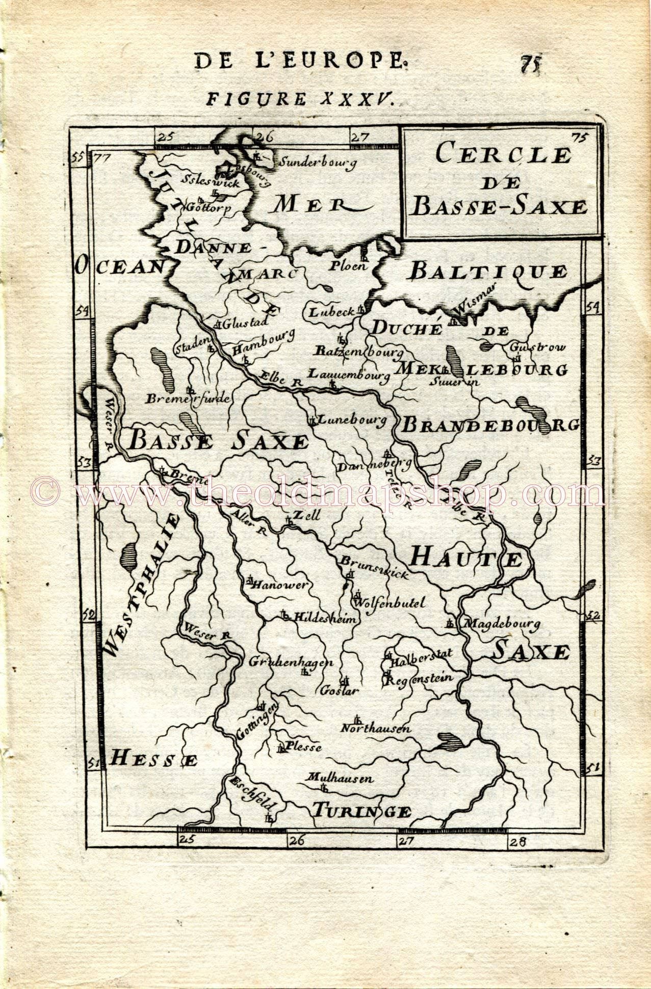 1683 Manesson Mallet Map "Cercle de Basse-Saxe" Germany, Hamburg, Bremen, Lubeck, Schwerin, Hanover, Luneburg, Antique Print Engraving