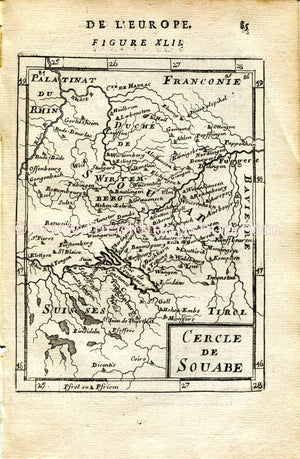 1683 Manesson Mallet "Cercle de Souabe" Map Germany, Switzerland, Austria, Stuttgart, Konstanz, Ulm, Augsburg, Antique Print Engraving