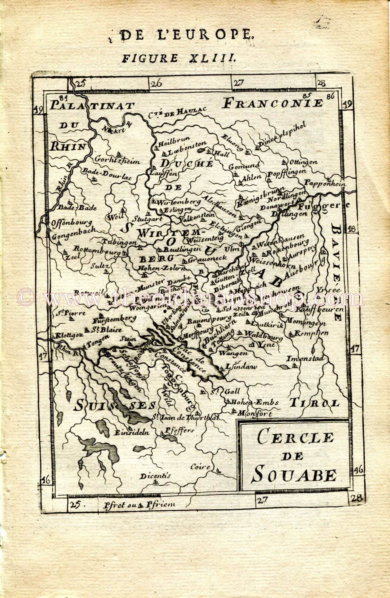 1683 Manesson Mallet Map "Cercle de Souabe" Germany, Switzerland, Austria, Stuttgart, Konstanz, Augsburg, Ulm, Antique Print Engraving