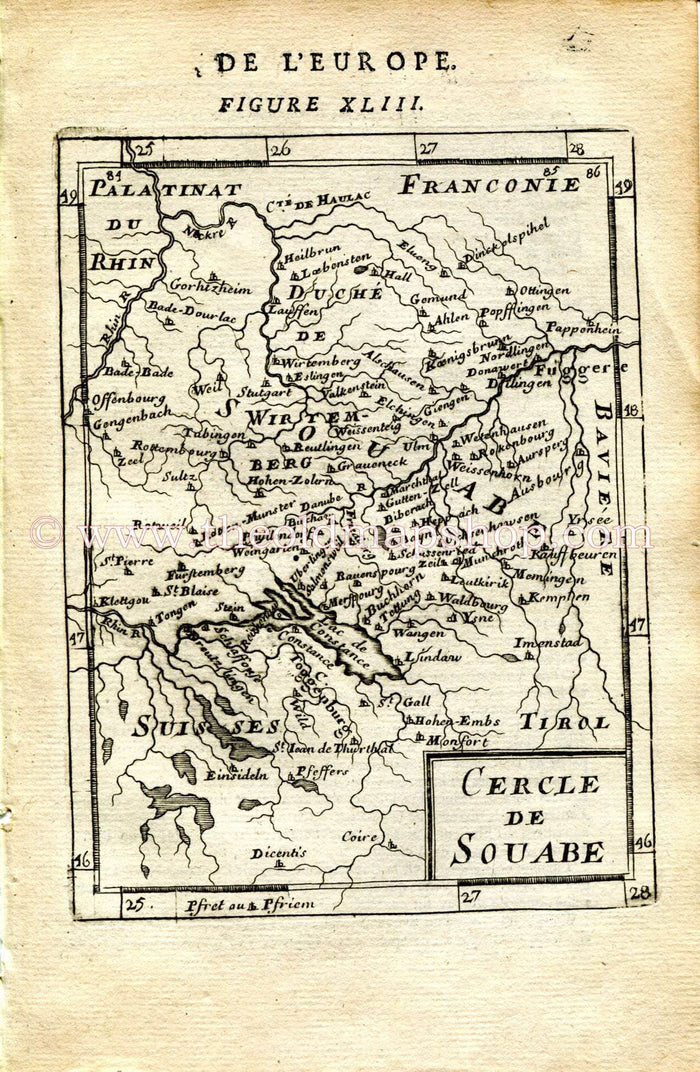 1683 Manesson Mallet Map "Cercle de Souabe" Germany, Switzerland, Austria, Stuttgart, Konstanz, Augsburg, Ulm, Antique Print Engraving