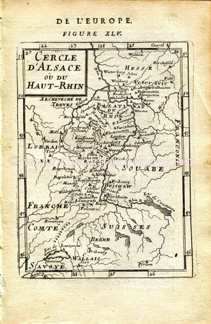 1683 Manesson Mallet "Cercle d'Alsace ou du Haut-Rhin" Germany, Basel, Geneva, Freiburg, Frankfurt, Strasbourg, Antique Map Print Engraving