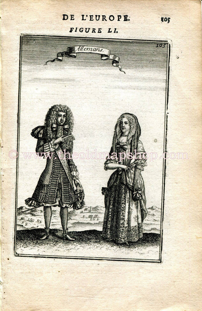 1683 Manesson Mallet "Allemans" Germany Costume, Man & Woman, Antique Print, Engraving