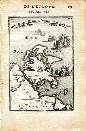 1683 Manesson Mallet "Isle de Rugen" Germany, Stralsund, Wolgast, Greifswald, Bergen auf Rügen, Antique Map Print Engraving