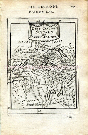 1683 Manesson Mallet "Les 13 Cantons Suisses et leurs alliez" Switzerland, Zurich, Basel, Lucerne, Bern, Neuchatel Antique Map Print