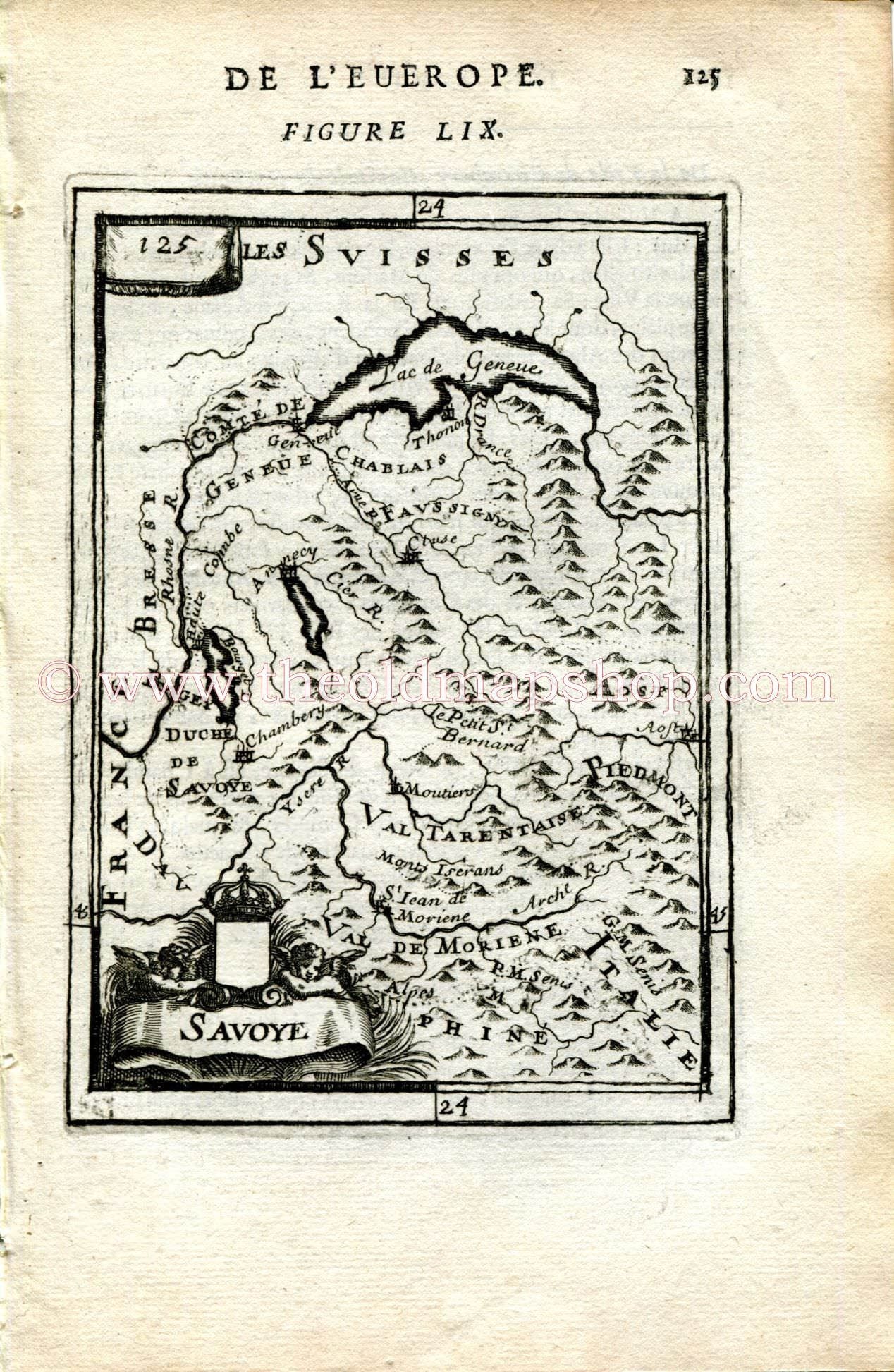 1683 Manesson Mallet "Savoye" French Alps, France, Italy, Switzerland, Geneva, Annecy, Cluses, Aosta, Chambery, Antique Map Print Engraving