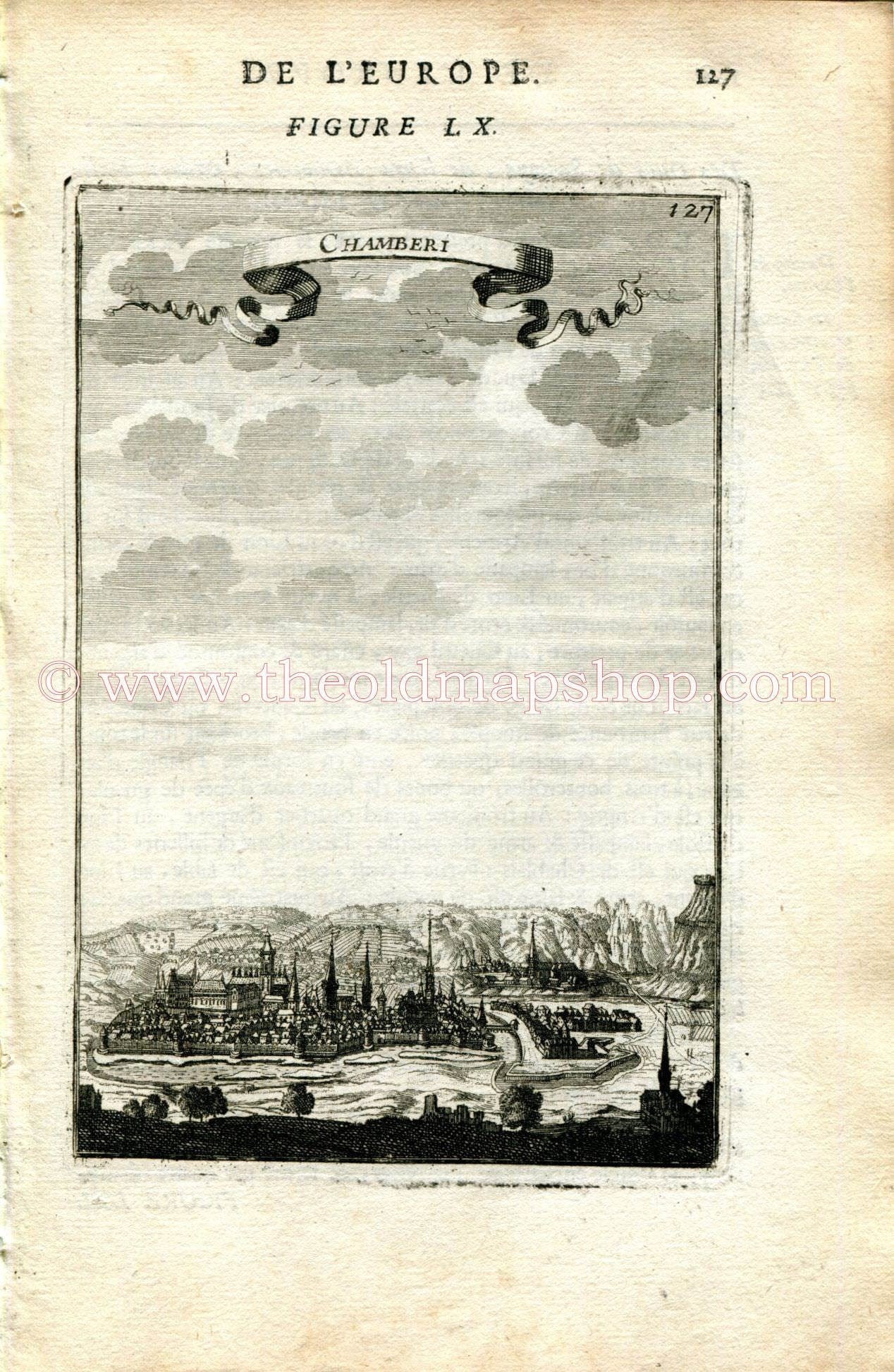 1683 Manesson Mallet "Chamberi" Chambery, Savoie, Auvergne-Rhône-Alpes, France, Bird's-eye View, Antique Print, Engraving