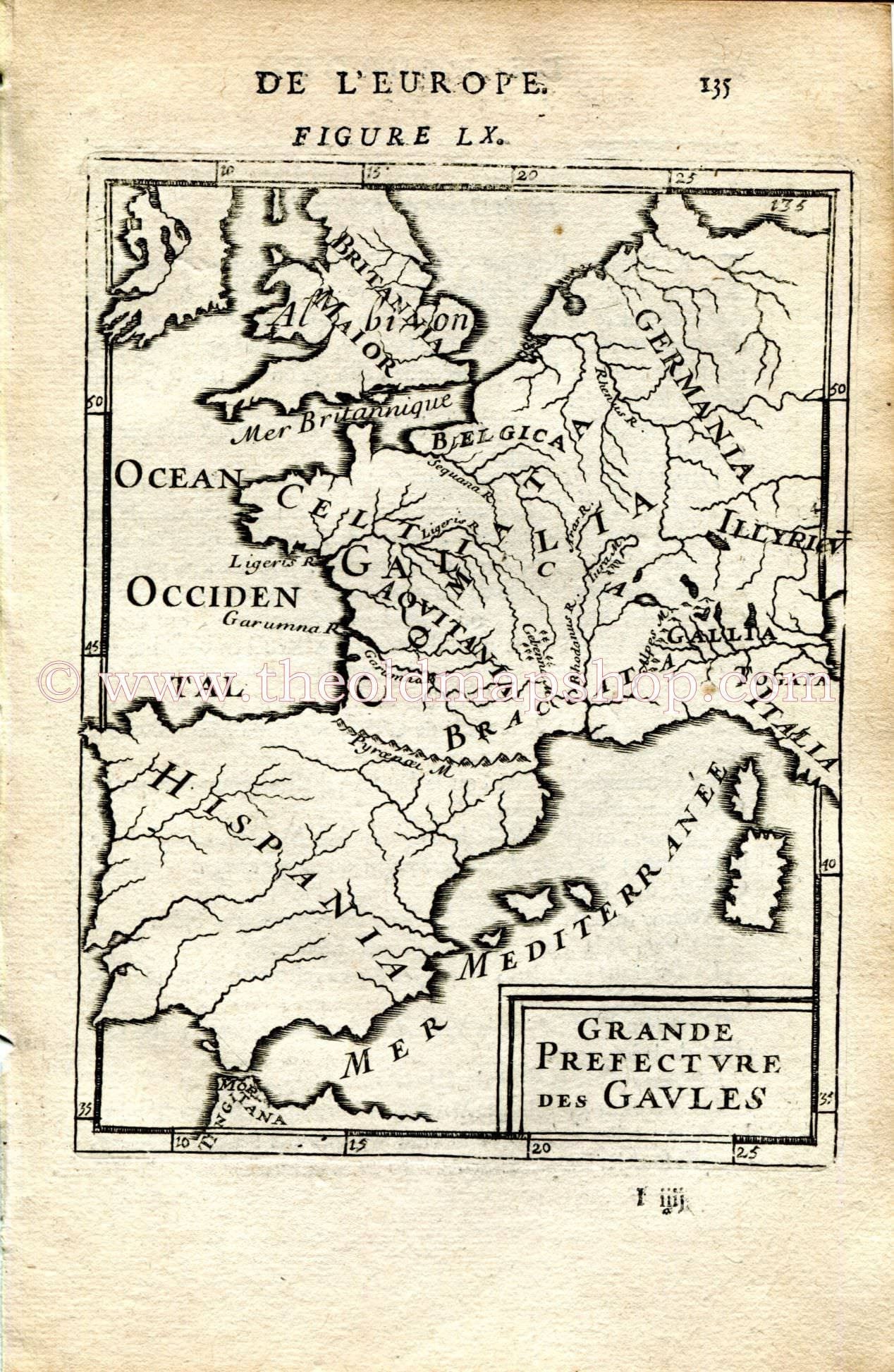 1683 Manesson Mallet "Grande Prefecture des Gaules" Territory of the Gaules, Spain, France, Germany, Italy, Antique Map Print Engraving