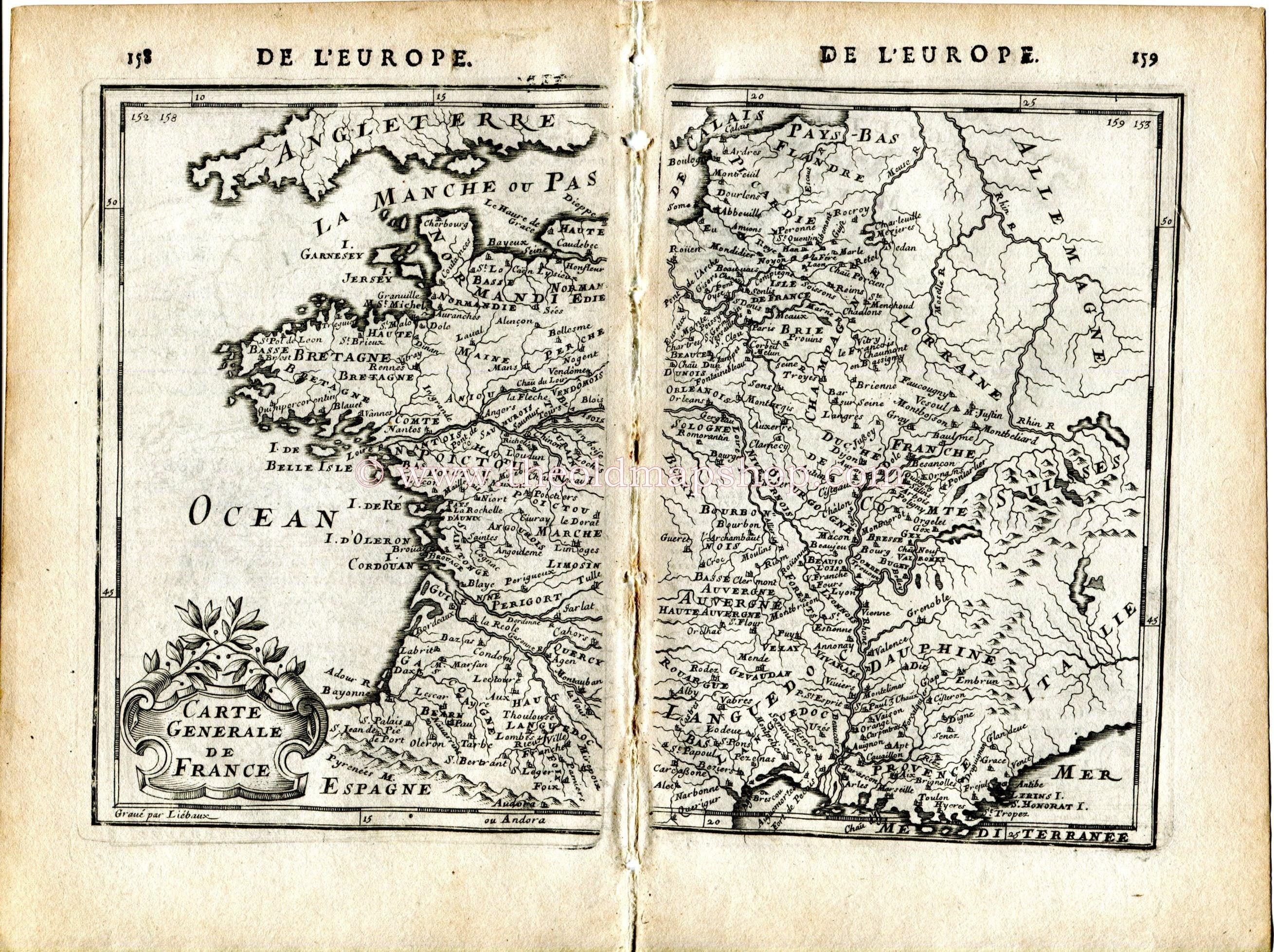 1683 Manesson Mallet Map "Carte Generale de France" Showing Rivers Towns & Provinces, Antique Print Engraving
