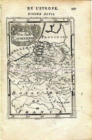 1683 Manesson Mallet Map "Pays Bas Catholiques" Spanish/Catholic Netherlands, Holland, Antique Print Engraving