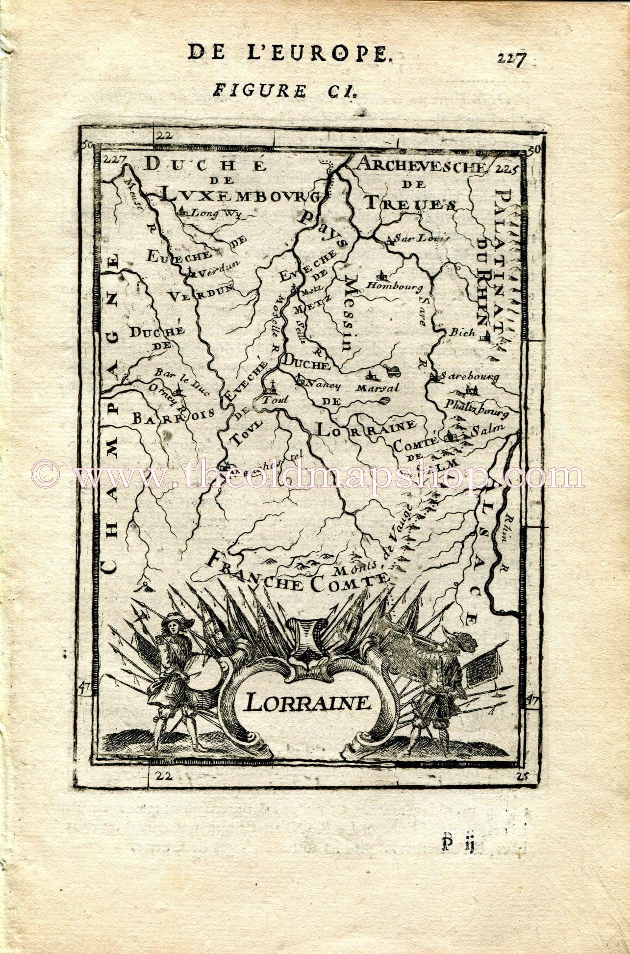 1683 Manesson Mallet Map "Lorraine" France, Toul, Nancy, Metz, Strasbourg, Phalsbourg, Verdun, Neufchâteau, Antique Print Engraving